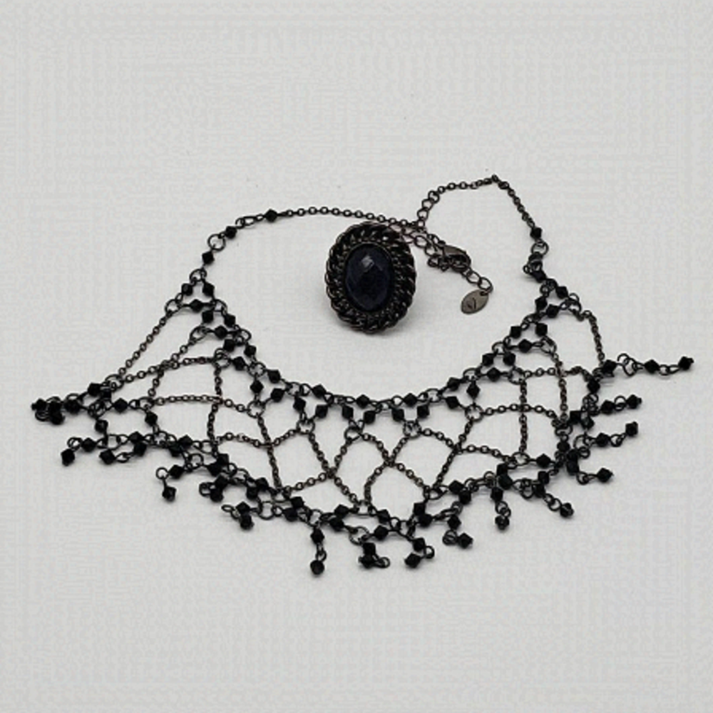 𝅺Claire's Chain Link Black Faux Gem Netted Choker & Vintage Faux Black Gem Ring